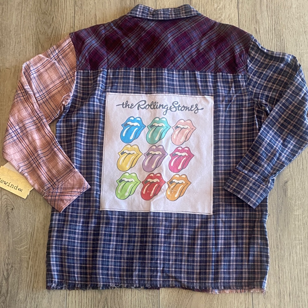 Rewind Upcycled Plaid Rolling Stones shirt - Picture 4 of 6